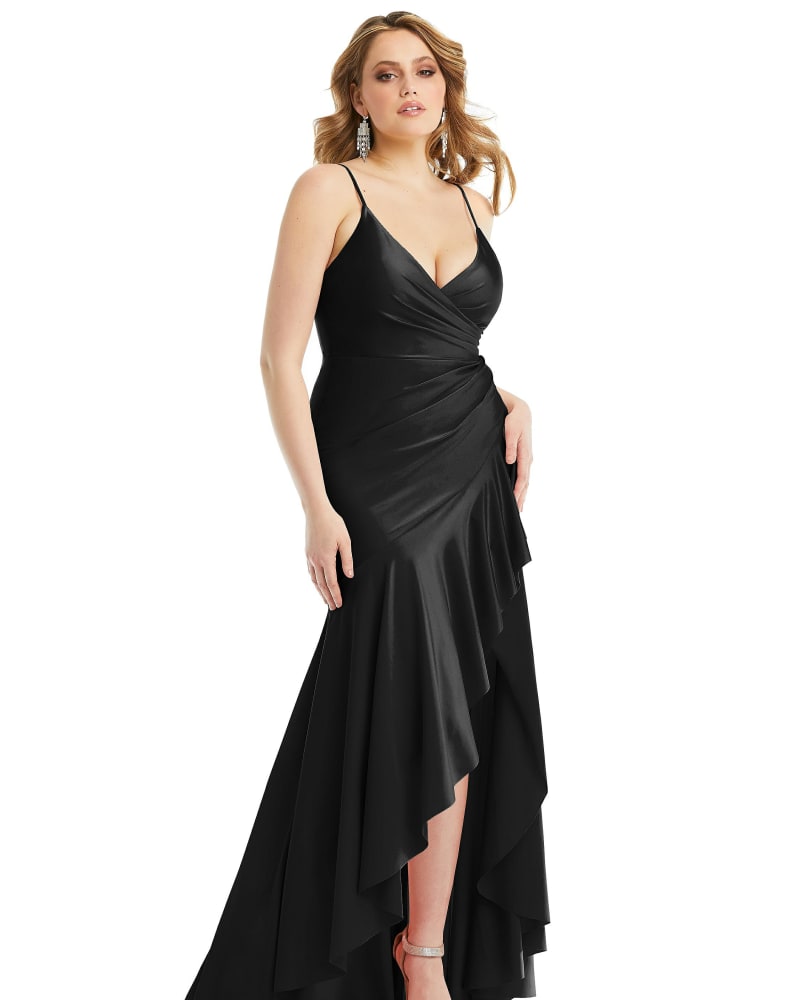 Front of a model wearing a size L Pleated Wrap Ruffled High Low Stretch Satin Gown with Slight Train in Black by Cynthia & Sahar. | dia_product_style_image_id:301196